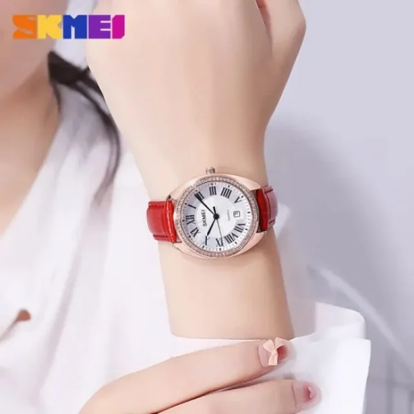 SKMEI 2183 Simple Elegant Roman Numerals Date Display Leather Watch For Women - Rosegold/Red - Image 2