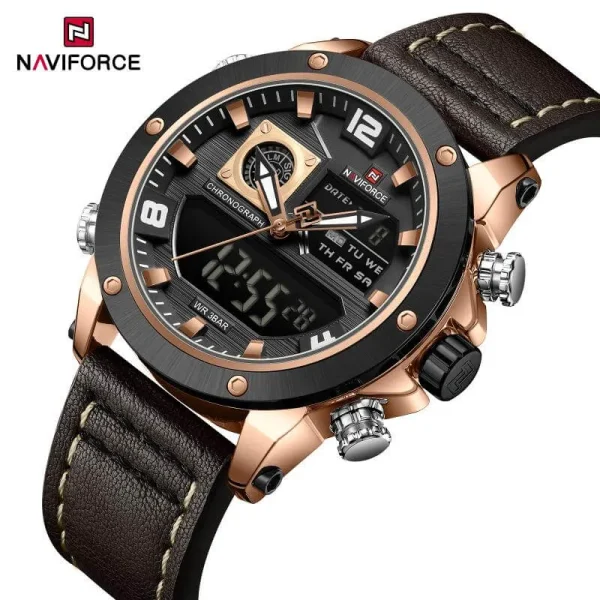 NaviForce NF9236 Classic Fashion Double Time Multifunctional Leather Strap Watch For Men - Rosegold/Brown