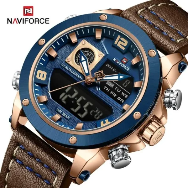 NaviForce NF9236 Classic Fashion Double Time Multifunctional Leather Strap Watch For Men - Blue/Brown