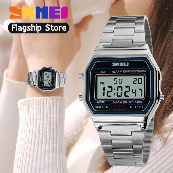 SKMEI 1123 Unisex Business Collection Vintage Series Digital Stainless Steel Watch - Silver