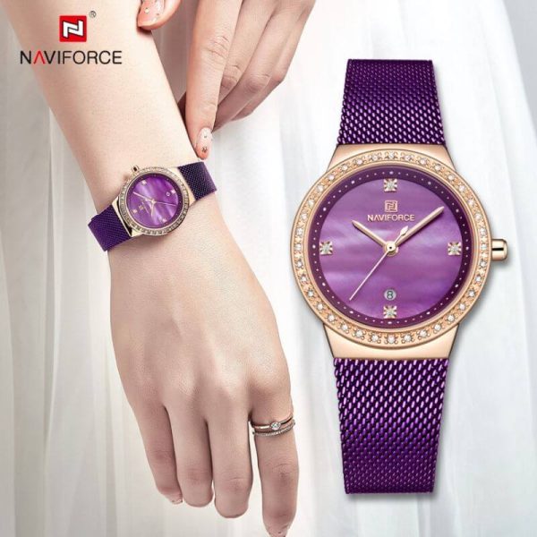 NaviForce NF5005 Date Function Mesh Analog Ladies Watch - Purple - Image 2