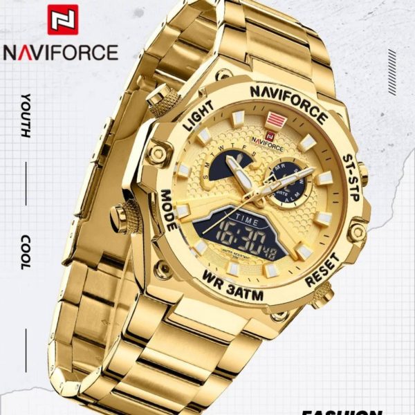 NaviForce NF9207 Fashion Digital Analog Complete Calendar Stainless Steel Watch For Men - Golden - Image 2