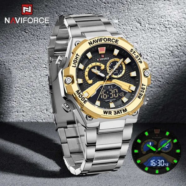 NaviForce NF9207 Fashion Digital Analog Complete Calendar Stainless Steel Watch For Men - Golden/Silver - Image 2