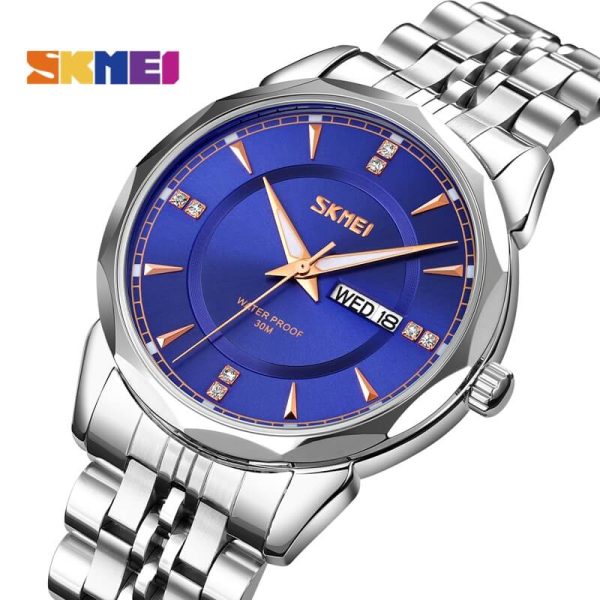 SKMEI 9268 Luxury Fashionable Day Date Function Geometric Cutting Round Dial Stainless Steel Watch For Men - Silver/Blue