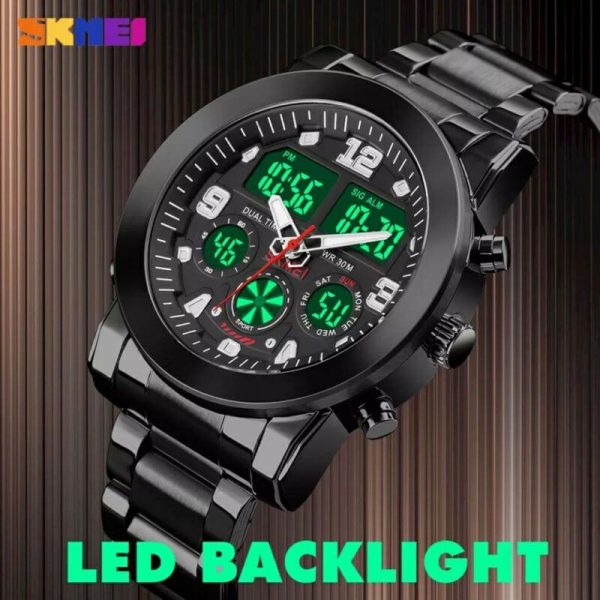 SKMEI 1642 Men's Casual Chronograph LED Digital Analog Stainless Steel Wrist Watch - Black - Image 3