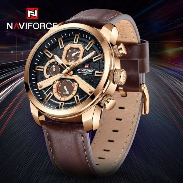 NaviForce NF9211 Men's Fashion Chronograph Day Date Display Leather Strap Luminous Watch - Brown/Rosegold - Image 2