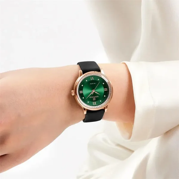 Naviforce NF5036 Classic Rhinestone Surrounded Leather Strap Roman Numeral Watch For Women - Green/Black - Image 2