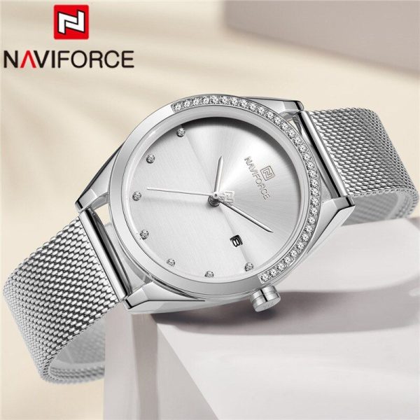 NAVIFORCE NF5015 Ladies Stainless Steel Mesh Crystal Date Display Quartz Watch - Silver - Image 2