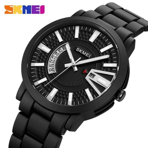 SKMEI 1985 Business Stainless Steel Quartz Stylish 3D Metal Time Scale Date Display Watch For Men - Black