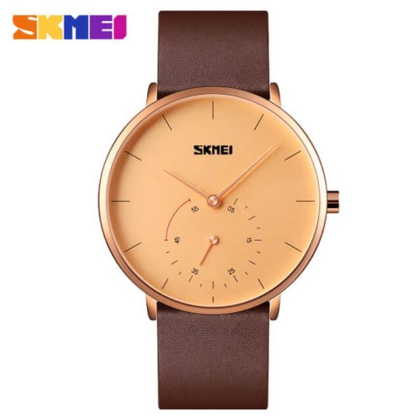 SKMEI 9213 Minimalist Quartz Classic Leather Casual Watch For Men - Rosegold/Brown - Image 2