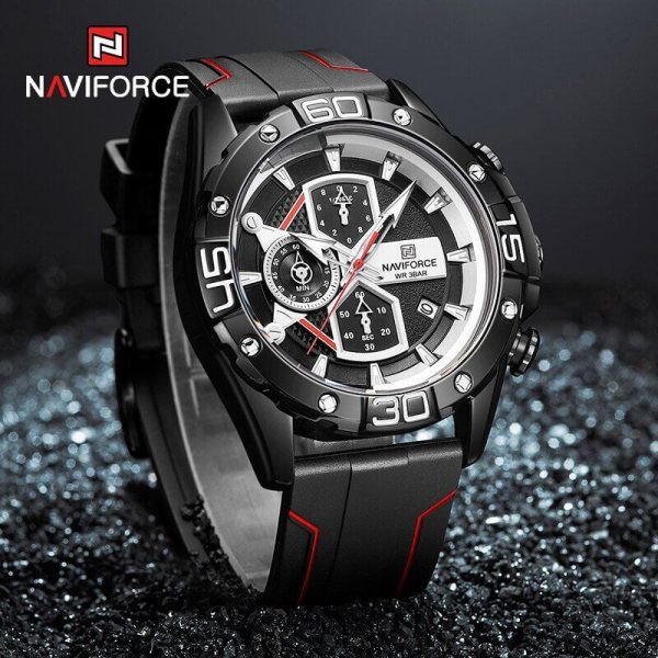 NAVIFORCE NF8018T Modern Casual Design Multi-function Silicone Strap Chronograph Watch For Men- Red/Black - Image 3