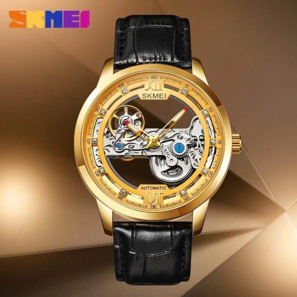 SKMEI M031 Fully Automatic Men's Hollowed Out Fashion Mechanical  Leather Strap Watch - Golden/Black - Image 2