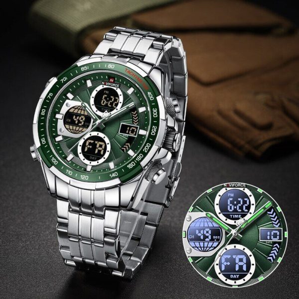 NAVIFORCE NF9197  Men's Business Stainless Steel Day Date Function Analog Digital Wristwatch - Green/Silver - Image 3