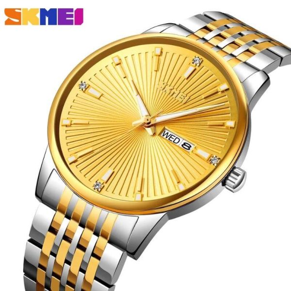 SKMEI 9323 Men's Texture With Fashion Day Date Display Quartz Stainless Steel Watch - Golden/Silver