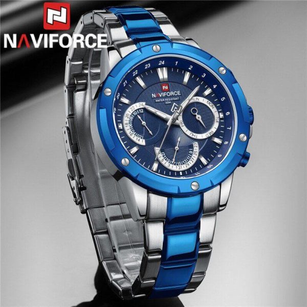 NAVIFORCE NF9196 Men's Quartz Stainless Steel Chronograph Complete Calendar Wristwatch - Blue/Silver - Image 3