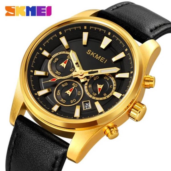 SKMEI 1958 Business Casual Multifunction Leather Strap Date Display Watch For Men - Yellow/Black