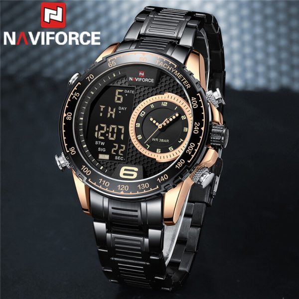 NAVIFORCE NF9199 Double Display LCD Chronograph Stainless Steel Wristwatch For Men - Rosegold/Black - Image 3