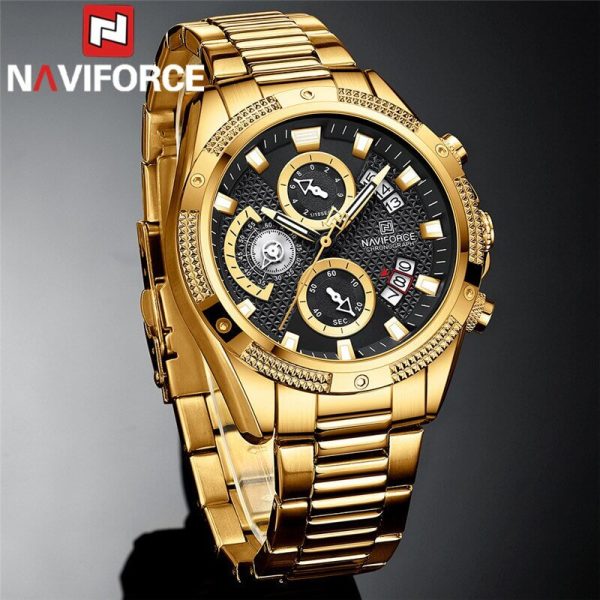 NaviForce NF8021 Men's Multifunction Date Display Stainless Steel With Luminous Hands Chronograph Watch - Black/Golden - Image 3