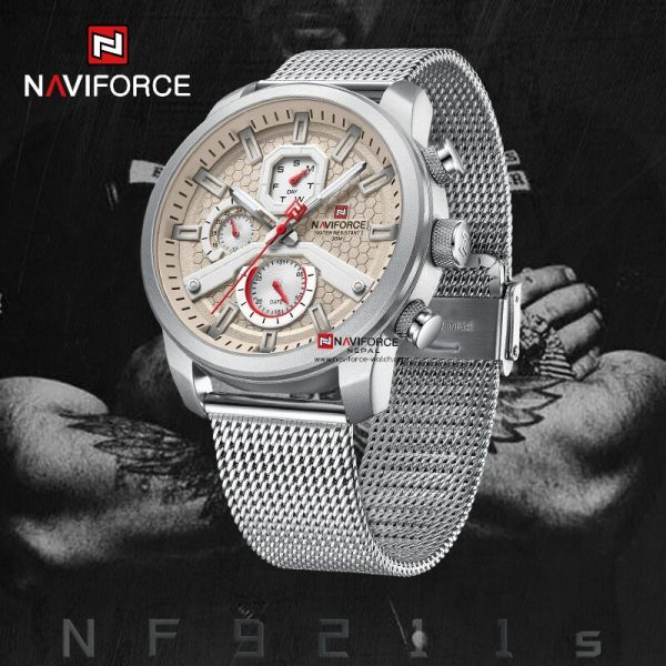 NaviForce NF9211 Men's Fashion Chronograph Day Date Display Stainless Steel Mesh Luminous Watch - Silver - Image 2