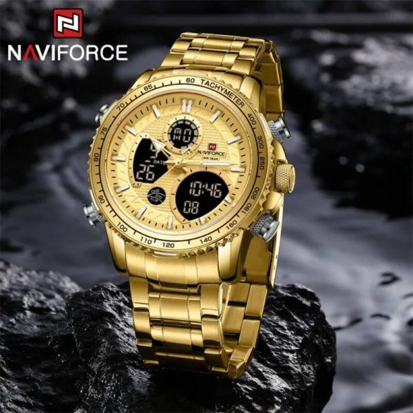 NAVIFORCE NF9182 Multi-Function Digital/Analog Casual Steel Watch For Men - Golden - Image 3