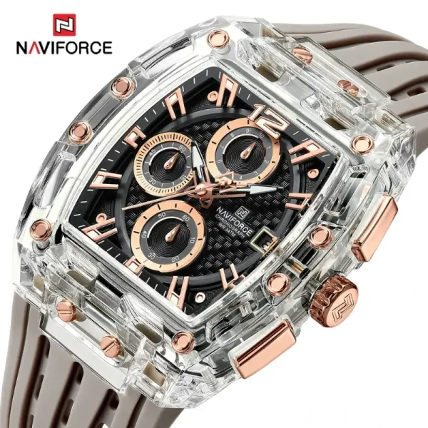 NaviForce NF7105 Tonneau Transparent Chronograph Quartz Watch for Men - Rosegold/Grey