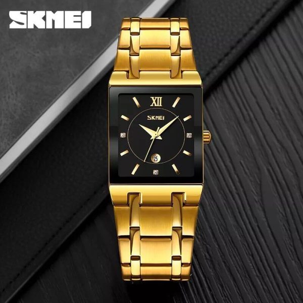 SKMEI 9263 Luxury Rectangle Shape Date Display Stainless Steel Quartz Watch For Men  - Black/Golden - Image 2