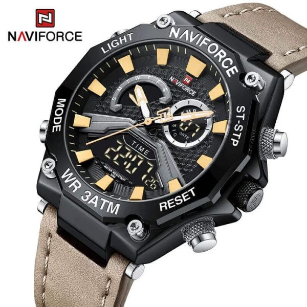 NAVIFORCE NF9220 Fashion Dual Display LED Light Chronograph Leather Strap Watch For Men -  Brown