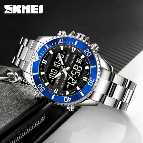 SKMEI 1850 Multifunction 3Time Analog Digital Stainless Steel watch For Men - Blue/Silver - Image 3