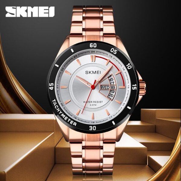 SKMEI 1641 Men's Noble Luxury Casual  Day Date Display Analog Stainless Steel Watch - Rosegold - Image 2