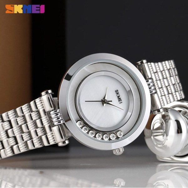 SKMEI 1784  Classic Elegant Stainless Steel Diamond Quartz Watch For Women - Silver - Image 2