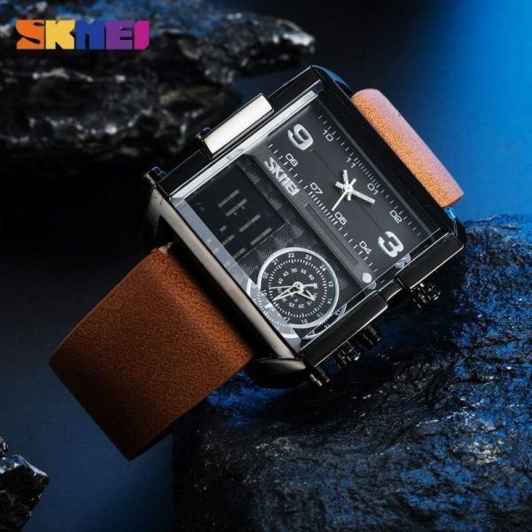 SKMEI 1584 Men's Multifunction Square Dial Digital Analog LED Chronograph Leather Strap Wristwatch - Brown - Image 2