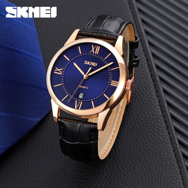 SKMEI 9261 Business Roman Numeral Classic Date Display Leather Strap Watch For Men - Blue/Black - Image 3