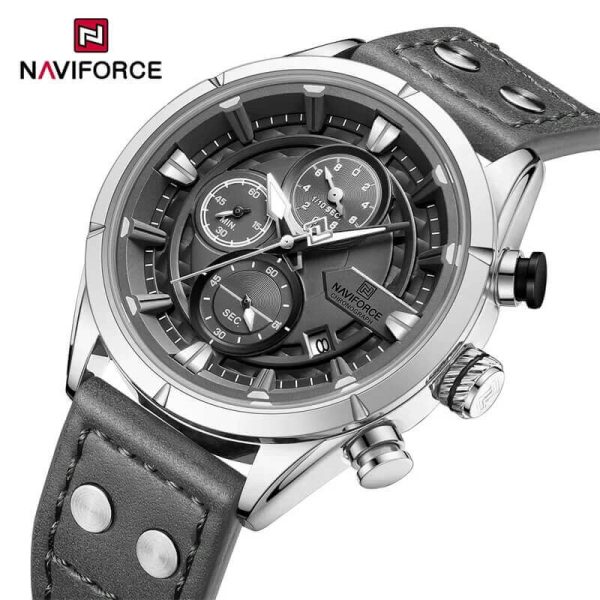 NaviForce NF8045 Men's Chronograph Date Dispaly Leather Strap Luminious Casual Watch - Grey