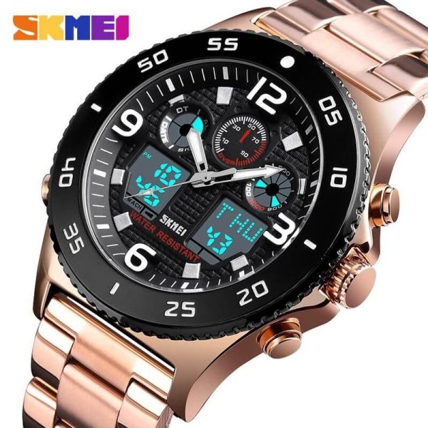 SKMEI 1538 Men Wristwatch Quartz Dual Display Casual 3 Time Multifunction Waterproof Stopwatch - RoseGold