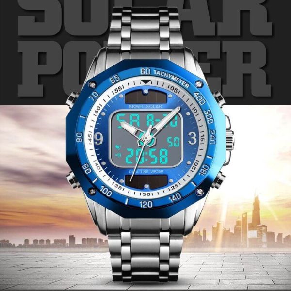 SKMEI 1493 Luxury Men Quartz Dual Time Display Waterproof Stainless Steel Watch - Silver/Blue - Image 3