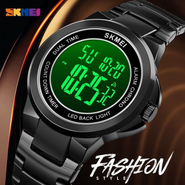 SKMEI 1712 Digital 2 Time Stainless Steel Fashion LED Waterproof Watch For Men - Black - Image 3