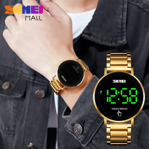 SKMEI 1550 LED Light Touch Screen Digital Stainless Steel Wristwatch For Men - Golden - Image 2