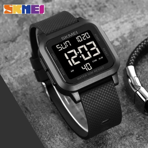 SKMEI 1894 Digital Movement Stopwatch Countdown LED  Display Square Shape Watch For Men - Black - Image 3