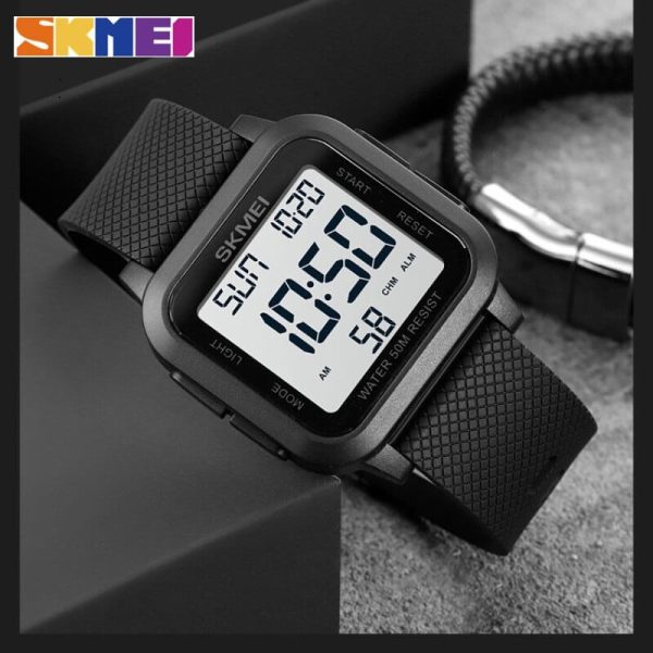 SKMEI 1894 Digital Movement Stopwatch Countdown LED  Display Square Shape Watch For Men - Black/White - Image 3