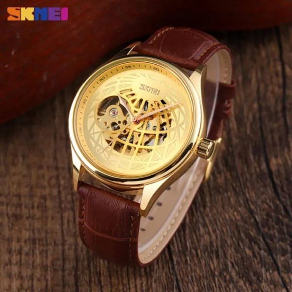 SKMEI 9209 Men's Automatic Hollowing Mechanical Fashion Business Leather Strap Watch - Golden/Brown - Image 2