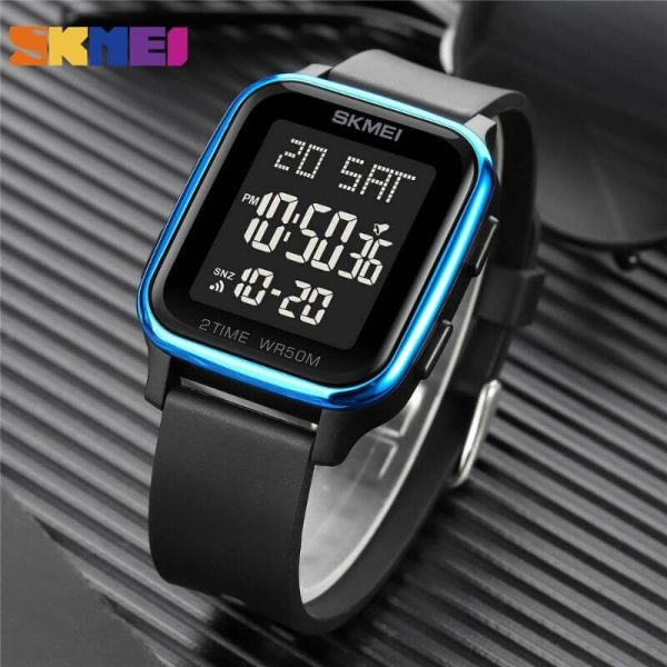 SKMEI 1858 Fashion LED Light Digital Rectangle Shape Complete Calendar Wristwatch For Men - Blue - Image 3