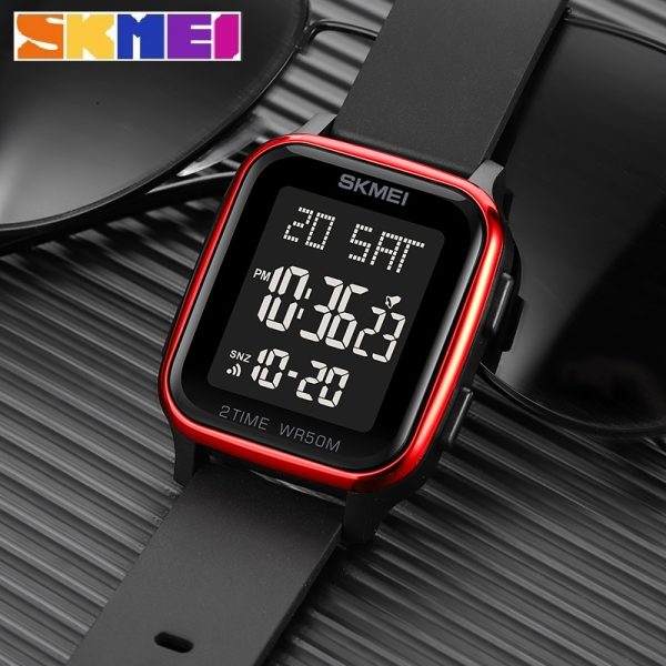 SKMEI 1858 Fashion LED Light Digital Rectangle Shape Complete Calendar Wristwatch For Men - Red - Image 3