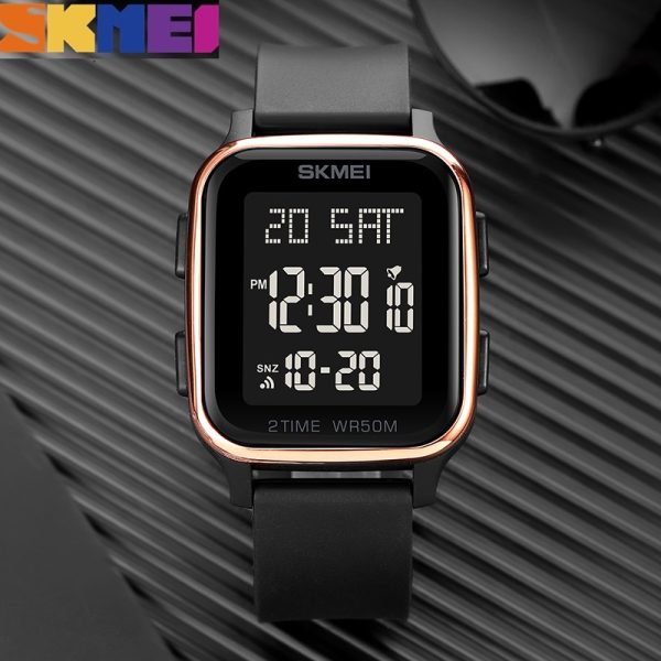 SKMEI 1858 Fashion LED Light Digital Rectangle Shape Complete Calendar Wristwatch For Men - RoseGold - Image 3