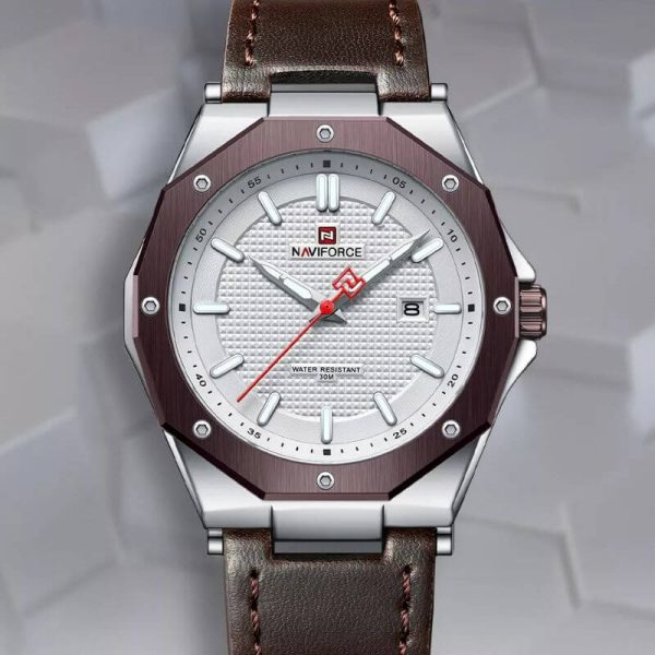 NaviForce NF9200 Men's Quartz Polygon Vogue Leather Strap Date Function Watch - Coffee - Image 2