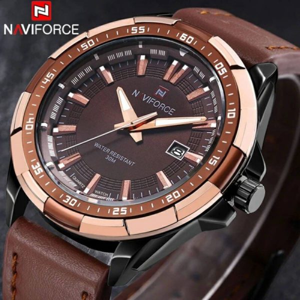 NAVIFORCE NF9056  Men's Casual Leather Strap Quartz Watch - Coffee - Image 2