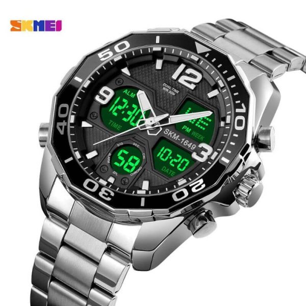 SKMEI 1649 Men's LED Light Digital Analog Day Date Function Stainless Steel Watch - Silver