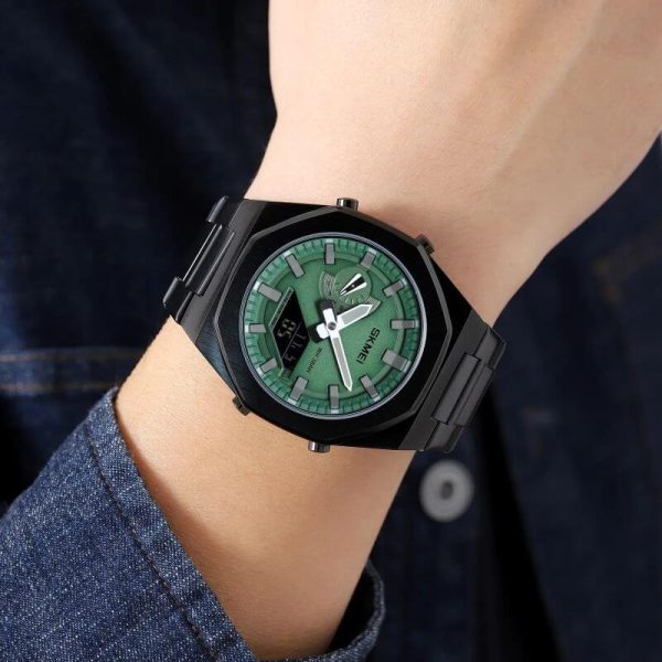 SKMEI 1816 Men's Electronic Dual Display Stainless Steel Multifunction Luminous Watch - Black/Green - Image 2