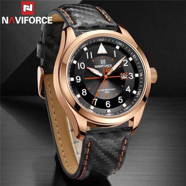 NaviForce NF8022 Men's Date Function Casual Leather Strap With Luminous Quartz Watch - Rosegold/Black - Image 2