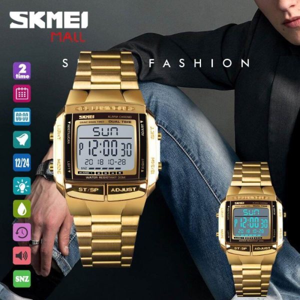 SKMEI 1381 Luxury Electronic LED Digital Military Multifunction Stainless Steel Watch For Men - Golden - Image 2