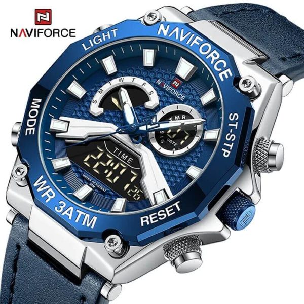 NAVIFORCE NF9220 Fashion Dual Display LED Light Chronograph Leather Strap Watch For Men -  Blue